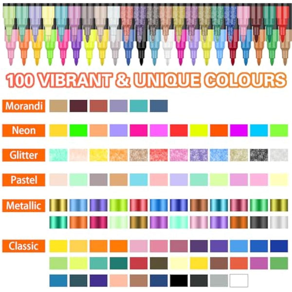 Lyuvie Acrylic Paint Pens,100 Colours Acrylic Pens for Rock Painting Fabric Glass Pebbles Stone Metal Wood Ceramic,Water-Based Permanent Paint Pens Markers with 0.7mm Extra Fine Tip