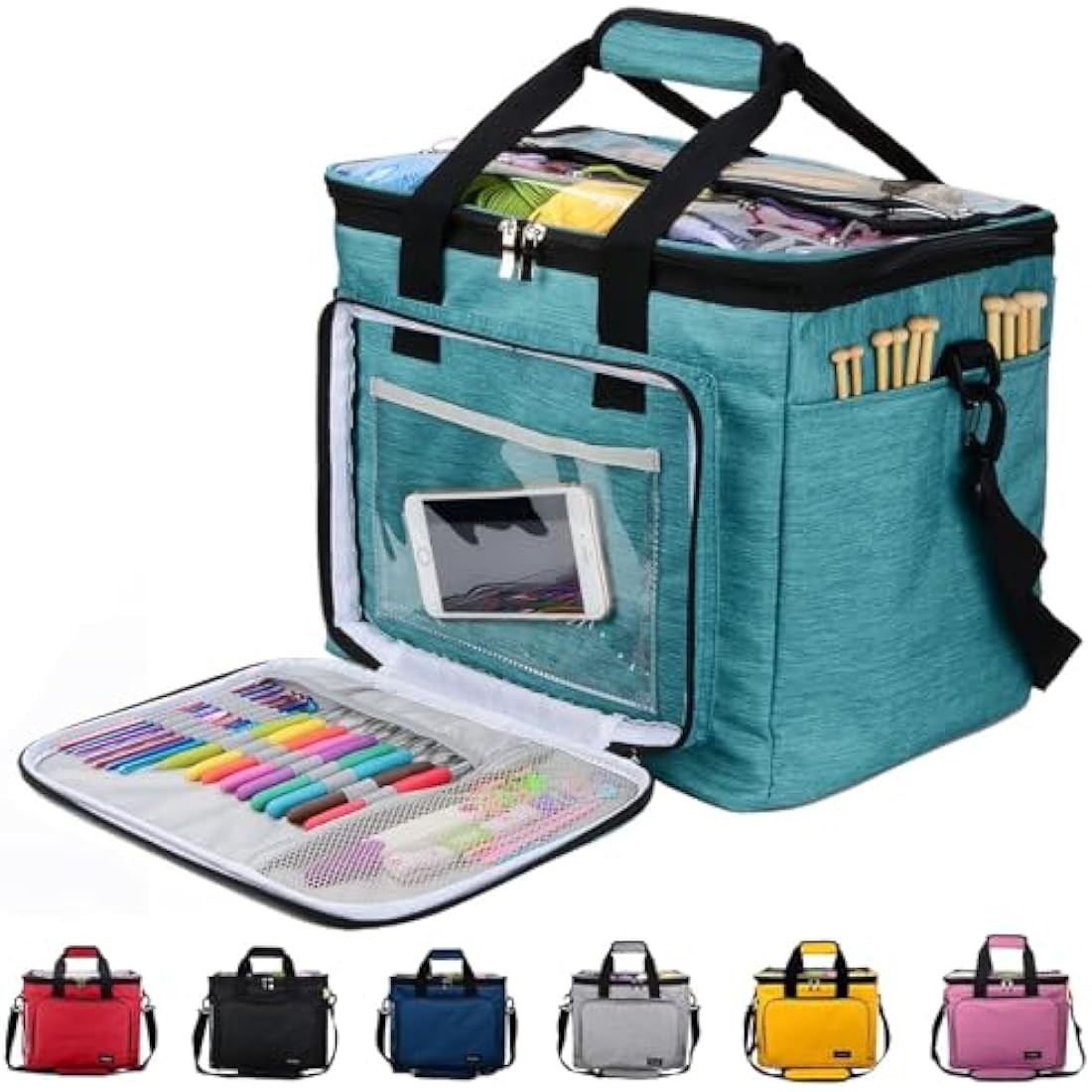 Hoshin Knitting Bag for Yarn Storage, Portable Crochet Tote Bag Yarn Organizer for Crochet Patterns and Hooks, Needles, Skeins of Yarn-Enjoy Knitting/Crocheting Anywhere(Green)