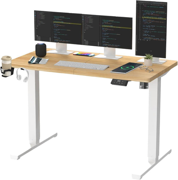 SANODESK QS1+140 * 60 Electric Standing Desk Height Adjustable Standing Desk With Memory Smart Panel Sit Stand Table With Hooks and Cupholder for Home Office （Black Frame+ Black Desktop）