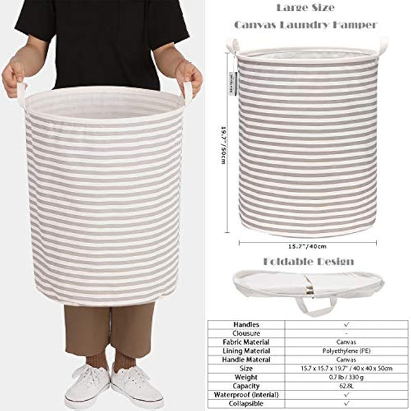 Sea Team 19.7 Inch Large Sized Waterproof Coating Ramie Cotton Fabric Folding Laundry Hamper Bucket Cylindric Burlap Canvas Storage Basket with Stylish Grey Stripe Design