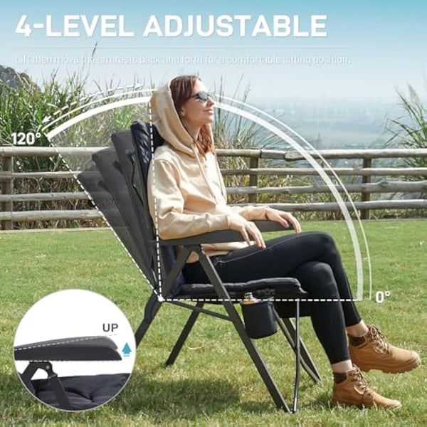 EVER ADVANCED Luxury Camping Chairs 2 Set for Adults Heavy Duty High Back Oversized Folding Garden Chair Comfy Padded 6cm Loadable 150kg Cam Adjustable Dining Chairs 4-Position Recliner Black