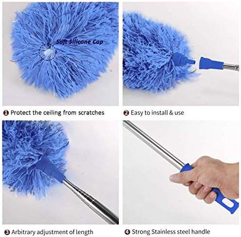 Feather Duster Extendable with Stainless Steel Extension Pole, 100 Inches Extra Long Telescopic Dusters, Cobweb Duster with Bendable Head for Cleaning Blinds, Interior Roof, Ceiling Fan, Cars