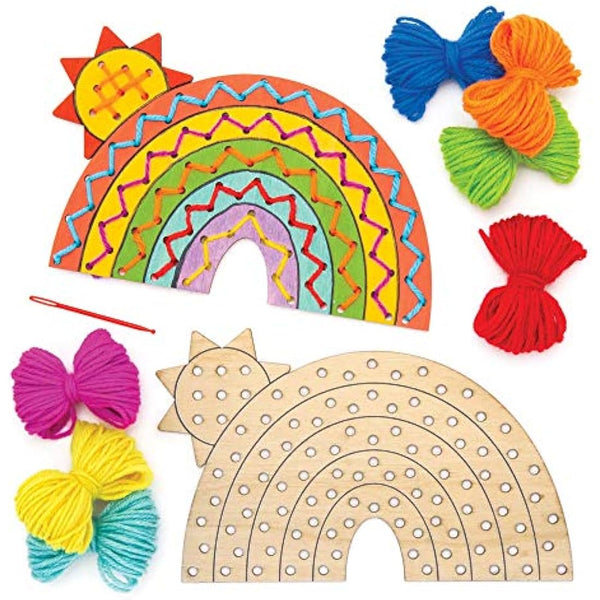 Baker Ross AW420 Rainbow Wooden Threading Kits, Sewing Kits for Kids, Small, Pack of 4, Pieces