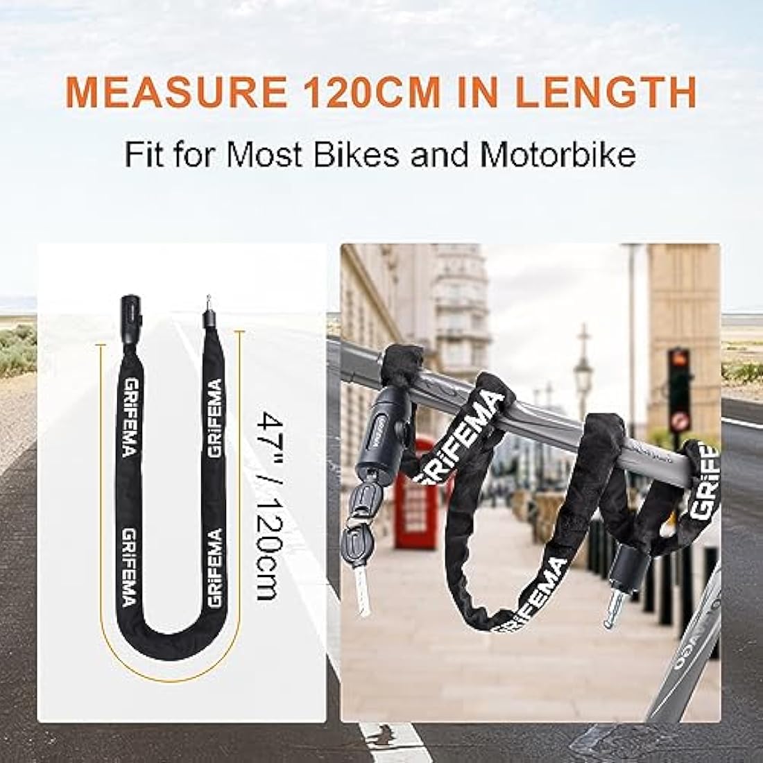 GRIFEMA GA1201-12 Bike Locks High Security with 2 Keys, Bike Chain Lock Heavy Duty, 120cm Bicycle/Cycling Locks for Bike Cycle, Moto, Door, Gate Fence, Black/White