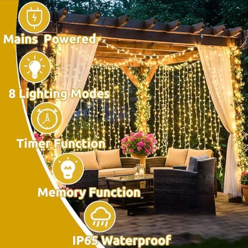 Joycome 2 Pack 600 LED Curtain Lights 6m x 3m Curtain Fairy Lights Plug in, 8 Modes Waterproof Window Lights for Gazebo Wall Wedding Xmas Indoor Outdoor Decorations - Warm White