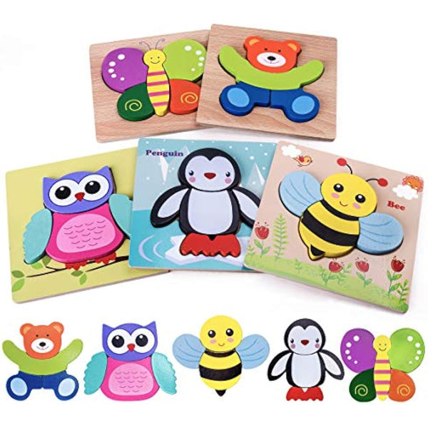 Highttoy Wooden Puzzles for 1 2 3 Year Olds,5 Pcs Jigsaw Puzzles for Toddlers Animal Shape Chunky Blocks Early Eduactional Montessori Wooden Toys for Boys Girls Age 1-3