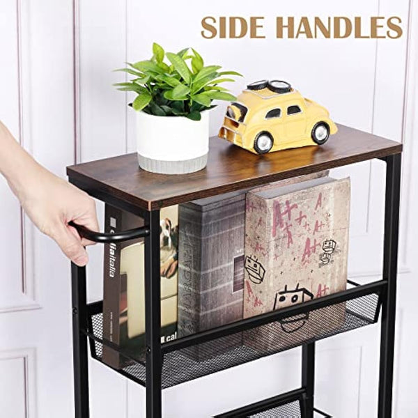 4-Tier Storage Trolley Cart, Slim Storage Trolley, Narrow Storage Unit, Rolling Cart Storage Organizer on Wheels, Mesh Basket Shelf with Handles for Office Bathroom Kitchen Laundry Room