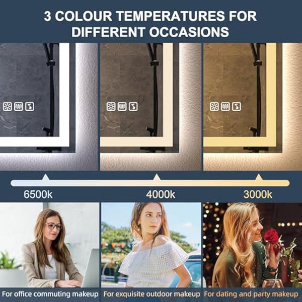 S'bagno Bluetooth-Bathroom-Mirror-with-LED-Lights 800x600mm, LED-Bathroom-Mirror with Defogging Mat, 3000K-6500K, Dimmable, Memory, HD Tempered Glass, IP44 Waterproof, Horizontal/Vertical