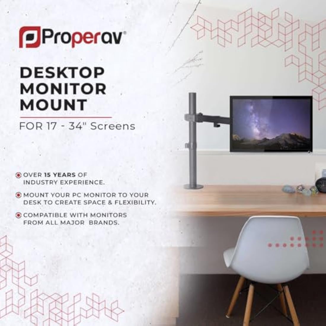 ProperAV Desk Monitor Mount Swing Arm 17" 19" 21" 22" 23" 24" 27" 32" 34" VESA Max 100x100 Height Max 407mm