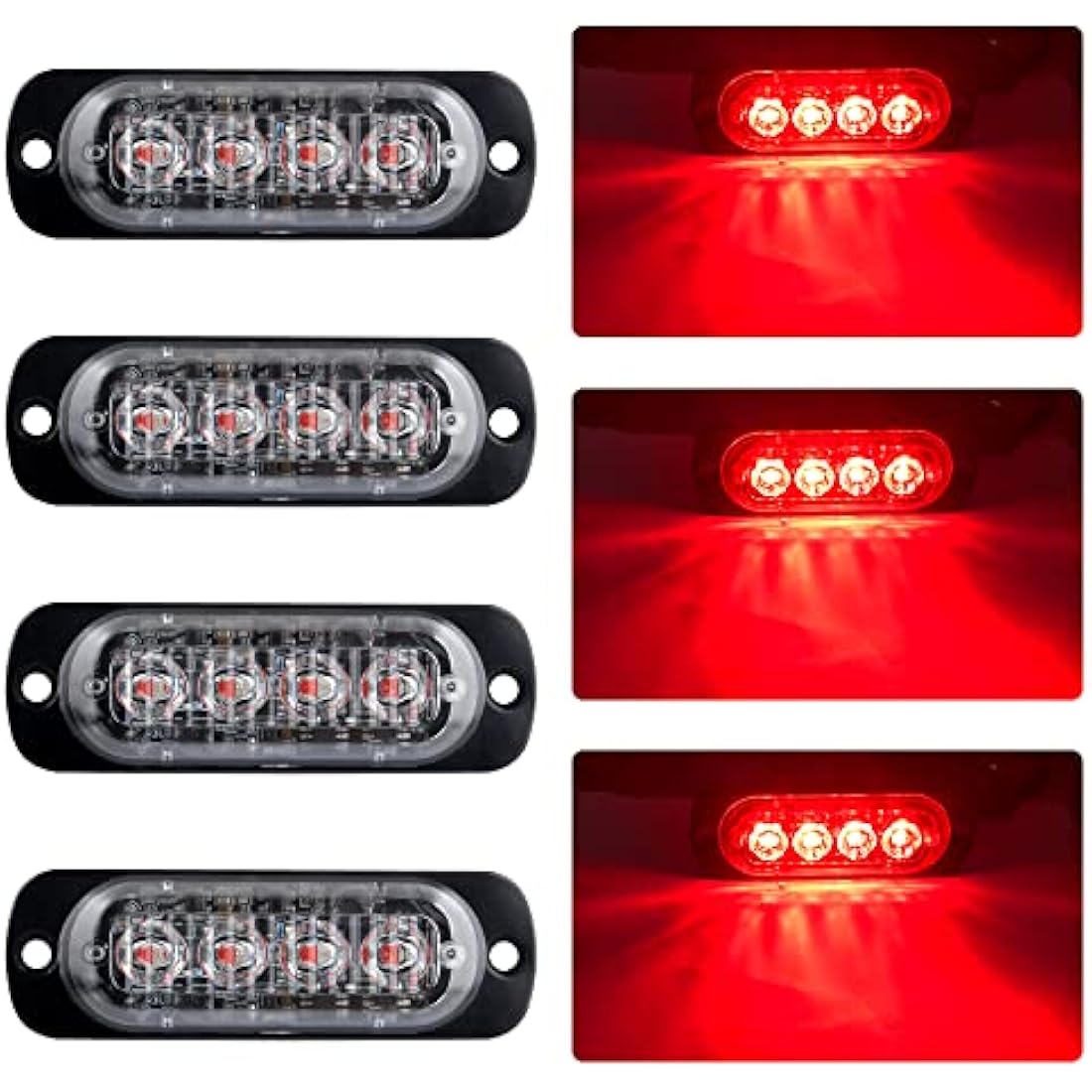 4pcs Ultra Thin 4LED Emergency Warning Lights Red Hazard Flashing Strobe Light Side Warning Light Beacon Light Universal for 12-24V Car Vehicle Truck Trailer Caravan Camper Motorcycle Van