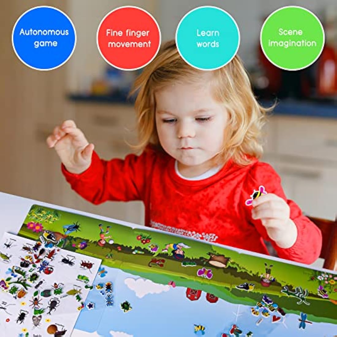 ASTARON Reusable 3D Puffy Sticker Book for Kids 3-6, Cute Waterproof Insects Stickers 88 Pcs,Puffy Sticker Game Travel Stickers and Educational Sensory Learning Toy Busy Book