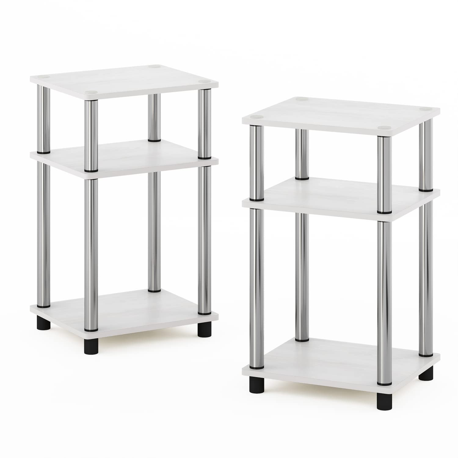 Furinno 3-Tier Turn-N-Tube End, Side Table, Nightstand, Engineered Wood, White Oak/Chrome, 2-Pack