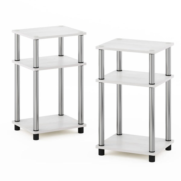 Furinno 3-Tier Turn-N-Tube End, Side Table, Nightstand, Engineered Wood, White Oak/Chrome, 2-Pack