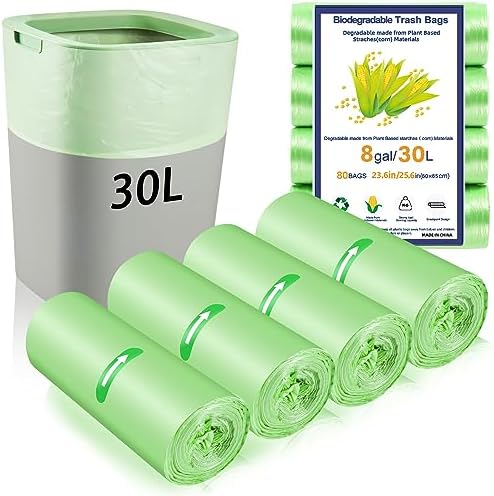 80 x 30 Litre Bin Bags, 8Gallon/30L Food Waste Bags 4 Roll Caddy Bin Liners for Kitchen Office Bathroom(60x65cm)