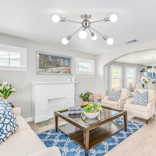 ASHUAQI Sputnik Ceiling Light Chrome Ceiling Lights, 6 Lights Chandeliers Ceiling Light, Mid-Century Modern Chandelier, Industrial Semi Flush Ceiling Lights for Living Room Bedroom Kitchen Hallway