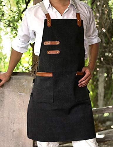 SPDYCESS Apron Washed Canvas Adjustable Waterproof Bib with 2 Pockets Unisex Women Men Cooking Chefs Work Aprons for Home Kitchen Restaurant Coffee House Bistro BBQ Black