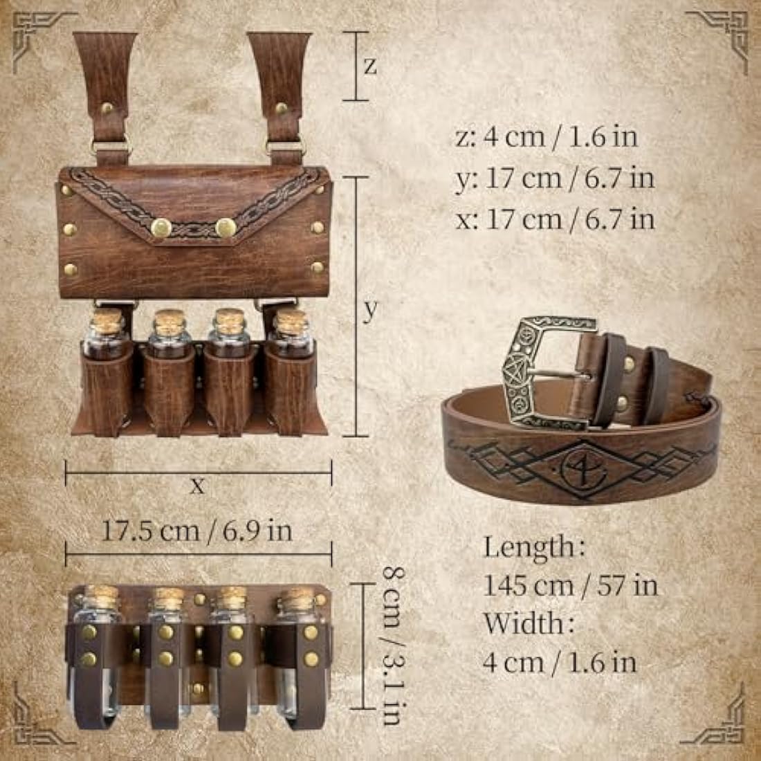 EpicCos 3 PCs Medieval Alchemy Belt Waist Pack Combo with Multiple Potion Bottles, Viking Rivet Belt Side Pouch for Cosplay (Brown C)