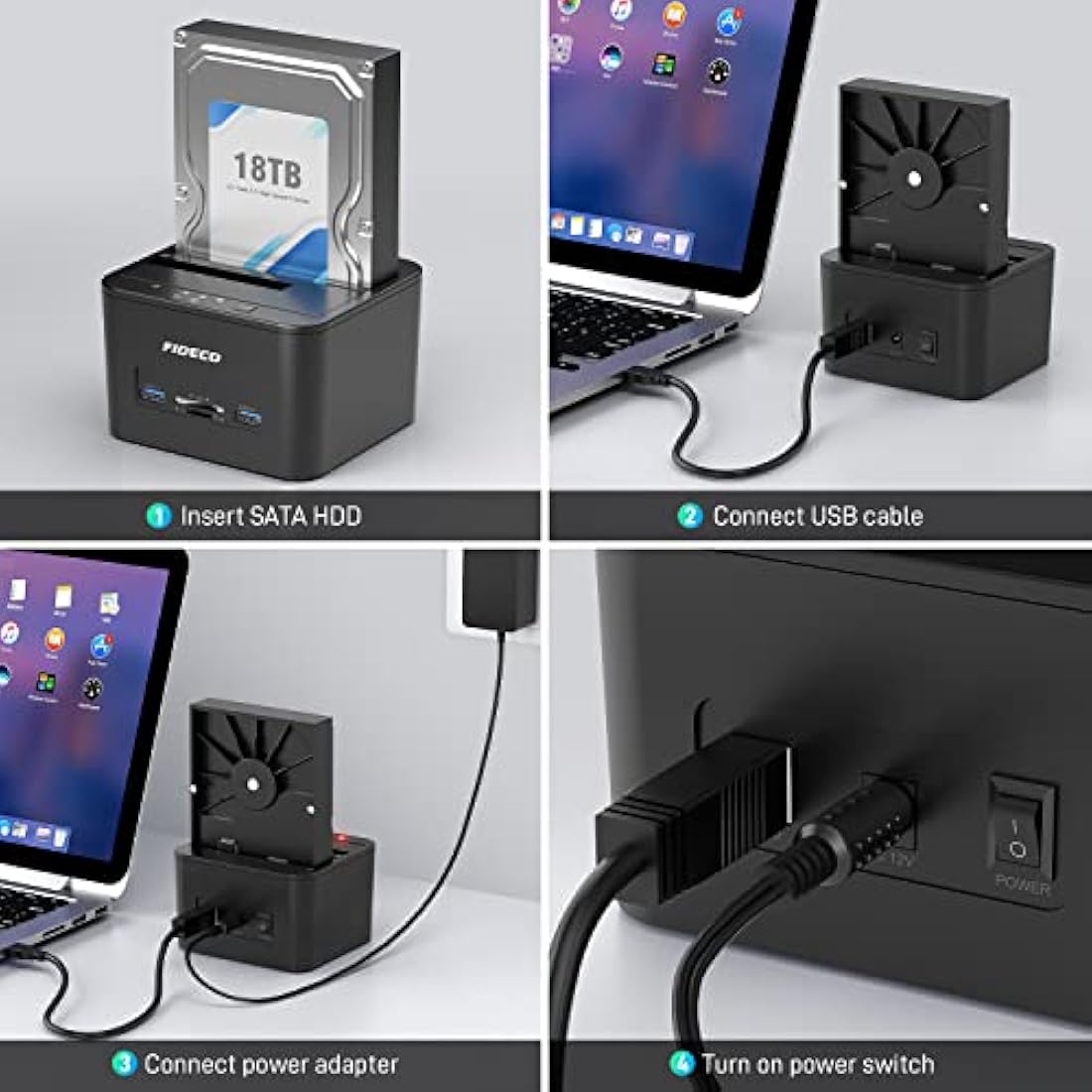 FIDECO Docking Station, USB 3.0 Hard Drive Docking Station for 2.5 and 3.5 inch SATA HDD or SSD, Support Offline Clone, TF & SD Card Reader, and 2x 18TB Hard Drives