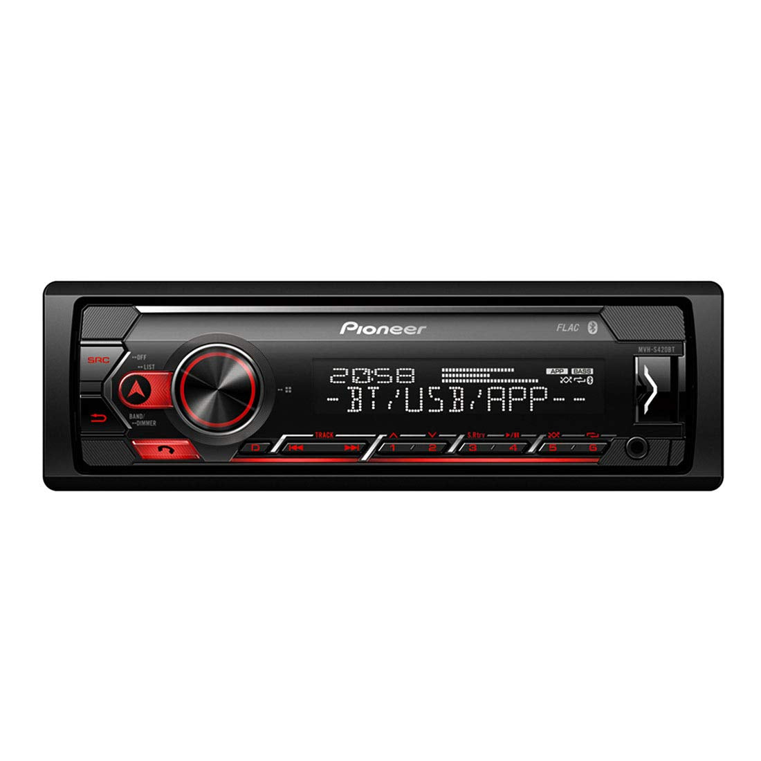 Pioneer MVH-S320BT 1-DIN receiver with Bluetooth, Red illumination, USB, Spotify, Pioneer Smart Sync App and compatible with Android devices.
