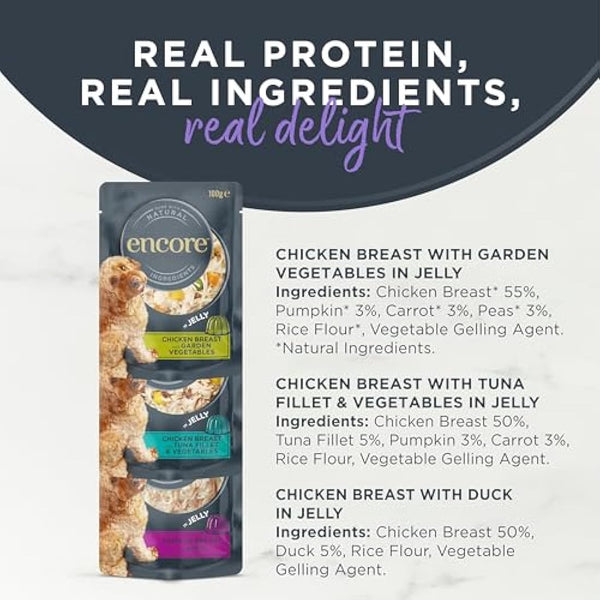Encore Natural Wet Dog Food Pouches Finest Chicken Selection in Jelly, 5x100g Pouches