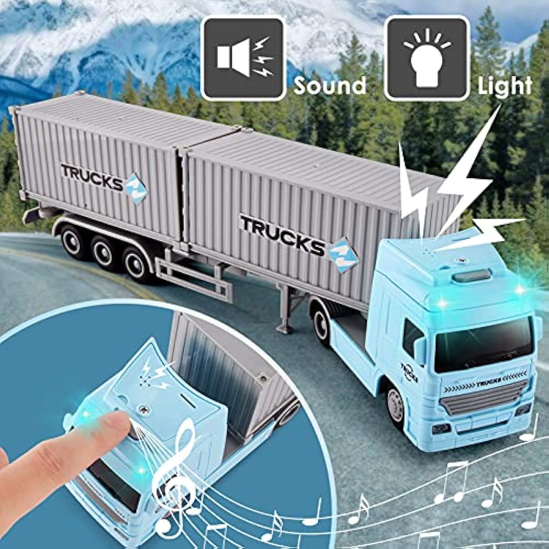 HERSITY Container Transporter Truck Toy 1:50 Scale, Friction Lorry Cars with Lights and Sounds Gifts for 3 4 5 6 Years Old Children Boys Girls