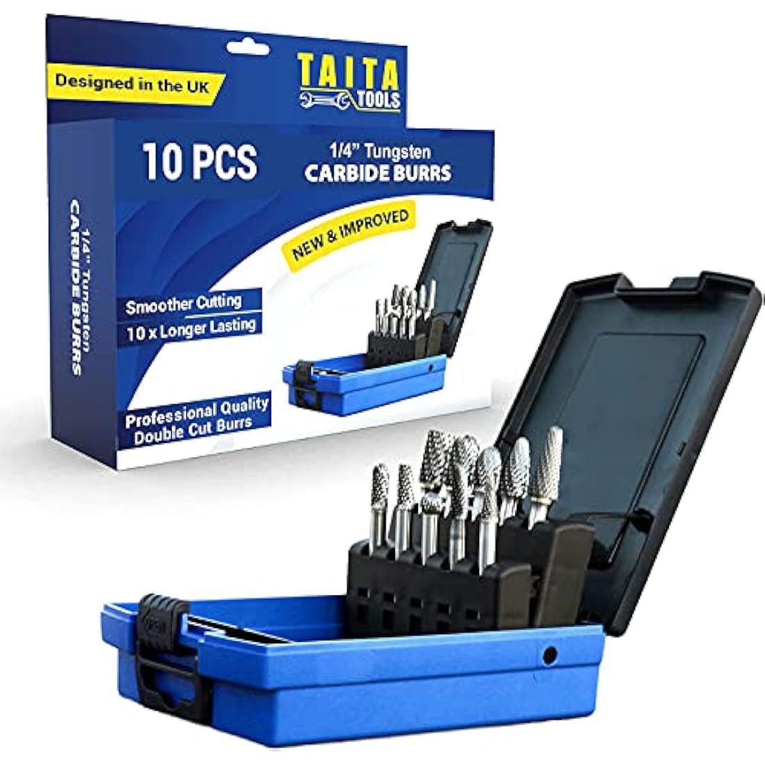 10pc Carbide Burr Set 1/4" Shank Tungsten Double Cut Rotary Die Grinder Bits - Cutting Burrs for Most Drills and Die Grinding Accessories - Wood Carving Metal Working & Sturdy Storage Case