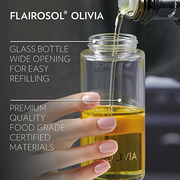 FLAIROSOL OLIVIA. The Original Advanced Oil Sprayer for Cooking, Kitchen, Salads, BBQs, Continuous Spray with Portion Control, 130ml Glass Olive Oil Sprayer(White Print)