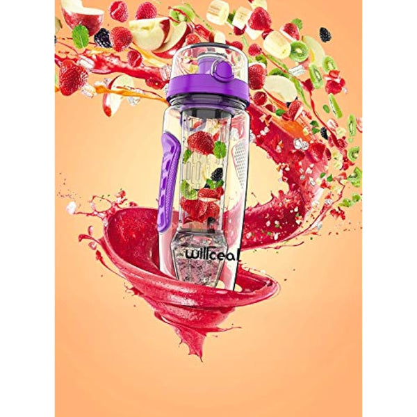 Fruit Infuser Water Bottle 32oz Durable with Detachable Ice Gel Ball,Large - BPA Free Tritan, Flip Lid, Leak Proof Design - Sports, Camping (Purple)