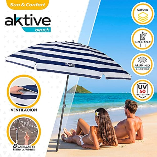 AKTIVE 62225 Beach Umbrella 220 cm Windproof Sun Shade Roof Ventilation Pole 28-32 mm UV 50 Protection Marine Stripe Design Includes Storage Bag