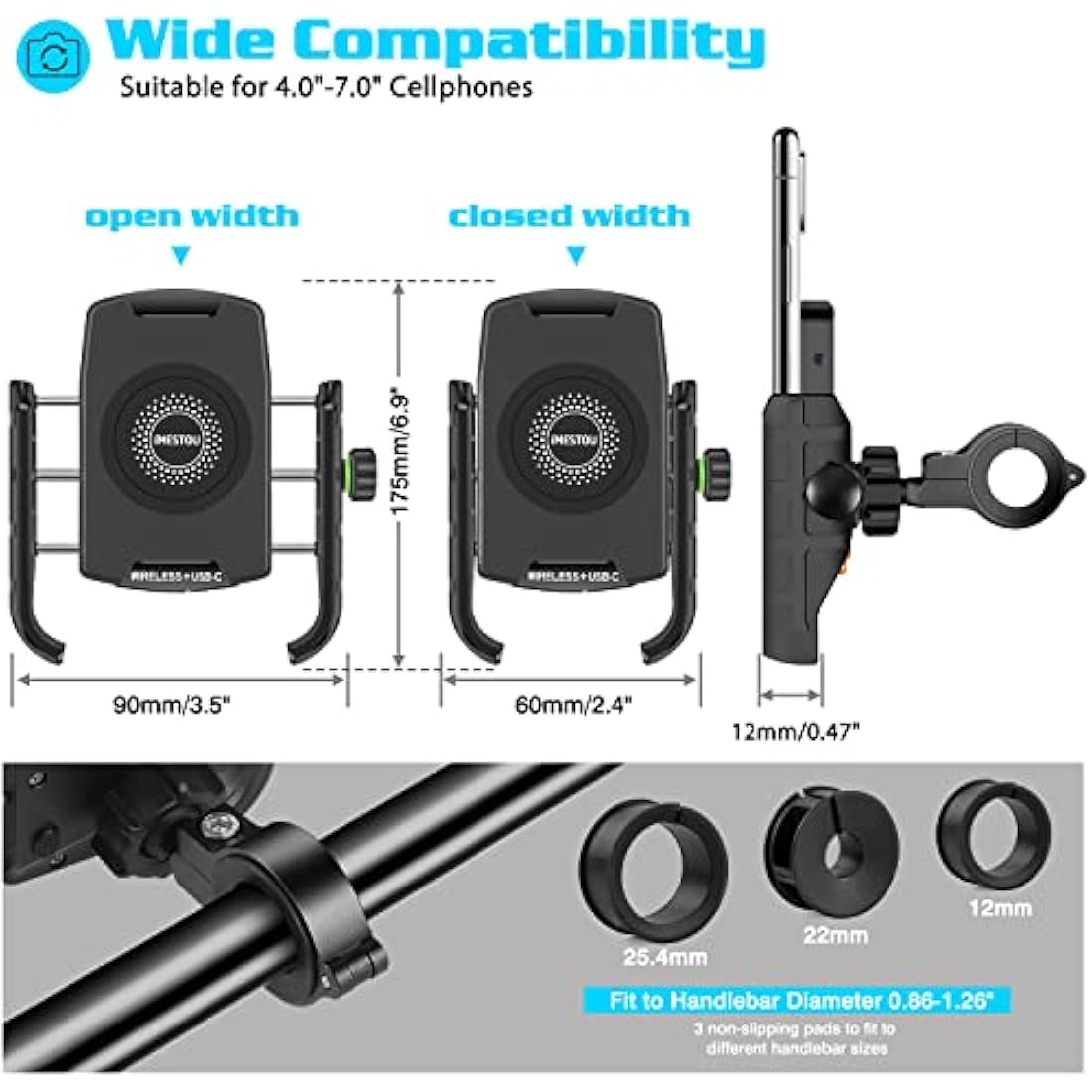 iMESTOU Motorcycle Wireless Phone Mount Charger QC3.0 USB C Handlebar/Rear-View Mirror Phone Holder Works with 12V/24V Motorcycles or by Plugging to USB A Socket Universal for 4.0-7.0" Cellphones