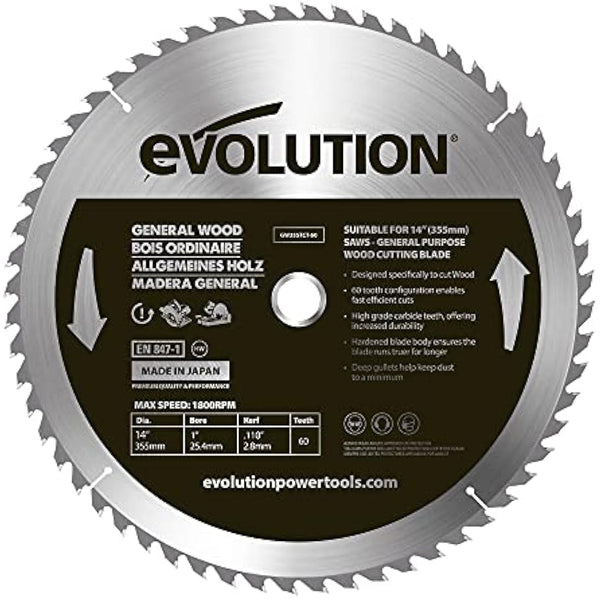 Evolution Power Tools GW355TCT-60 General Wood Carbide Tipped TCT Blade, For Chop Saws, Smooth and Fast Cuts In Wood, Clean, Splinter Free Cut, 60 Teeth, 355 mm
