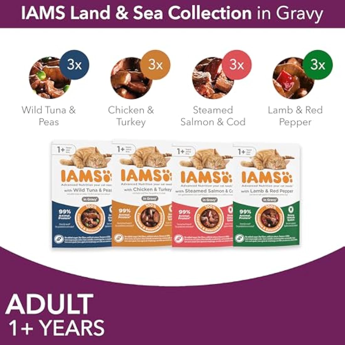 IAMS Adult Wet Cat Food Land & Sea in Gravy 12 x 85g