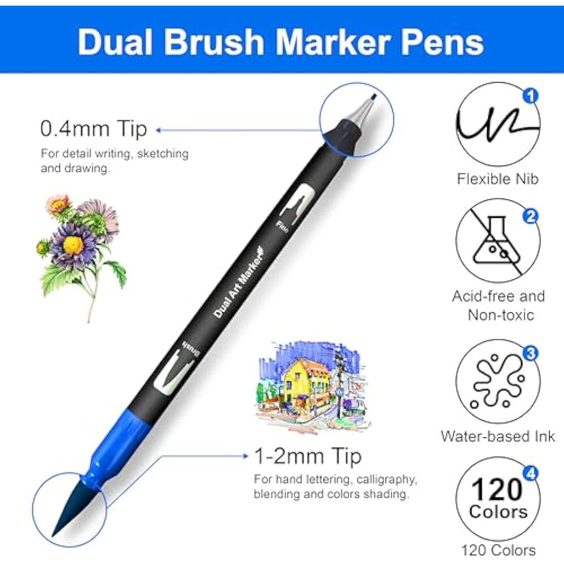 Halobios 120 Dual Tip Colouring Pens Brush Pen Felt Tip Pens for Adults Kids Artist Beginner, Dual Tip Brush Marker Pen for Drawing Sketching Adult Colouring Books Bullet Journal Calligraph