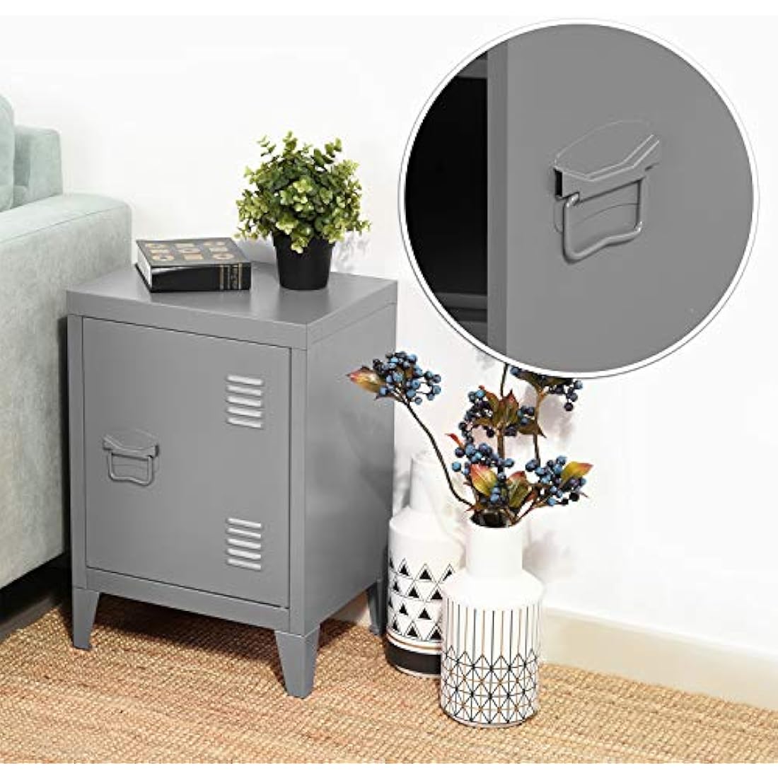 Homybec Small Metal Cabinet 1-Door, Free Standing 2 Tier Shelves Bedside Nightstand Cupboard, Side Storage Organizer for Home Office Study Bedroom Living Room, Grey, 57.5 x 40.5 x 30.5 cm