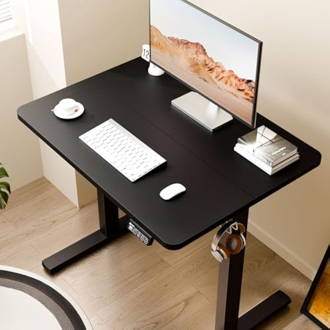 ERGOMAKER Electric Height Adjustable Standing Desk 80x60cm (31.5"x23.6"), Sit Stand Desk with Splicing Top for Home Office (Black Frame + Black Desktop)