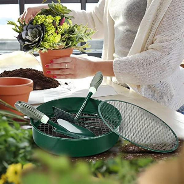 johgee Garden Sieve Metal, Soil Sieve, Garden Riddle Mesh Sizes 12mm/9mm/6mm/3mm, Gardening Sieve for Soil and Stones Large, Equipped with a Shovel and a Rake