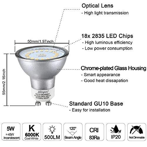 Allesgute 6X 5W LED Recessed Ceiling Lights 30 Tilt GU10 Downlight Matte White Downlights for Ceiling 240V Cool White 6000K, Cutout 70-80mm