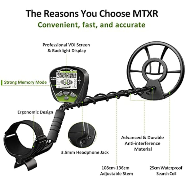 DR.ÖTEK Metal Detector for Adults Professional, Gold Metal Detector, Pinpoint & Exclusive Memory Mode, Higher Accuracy, IP68 Waterproof Coil, Big Backlit LCD Display, Advanced DSP Chip, Green