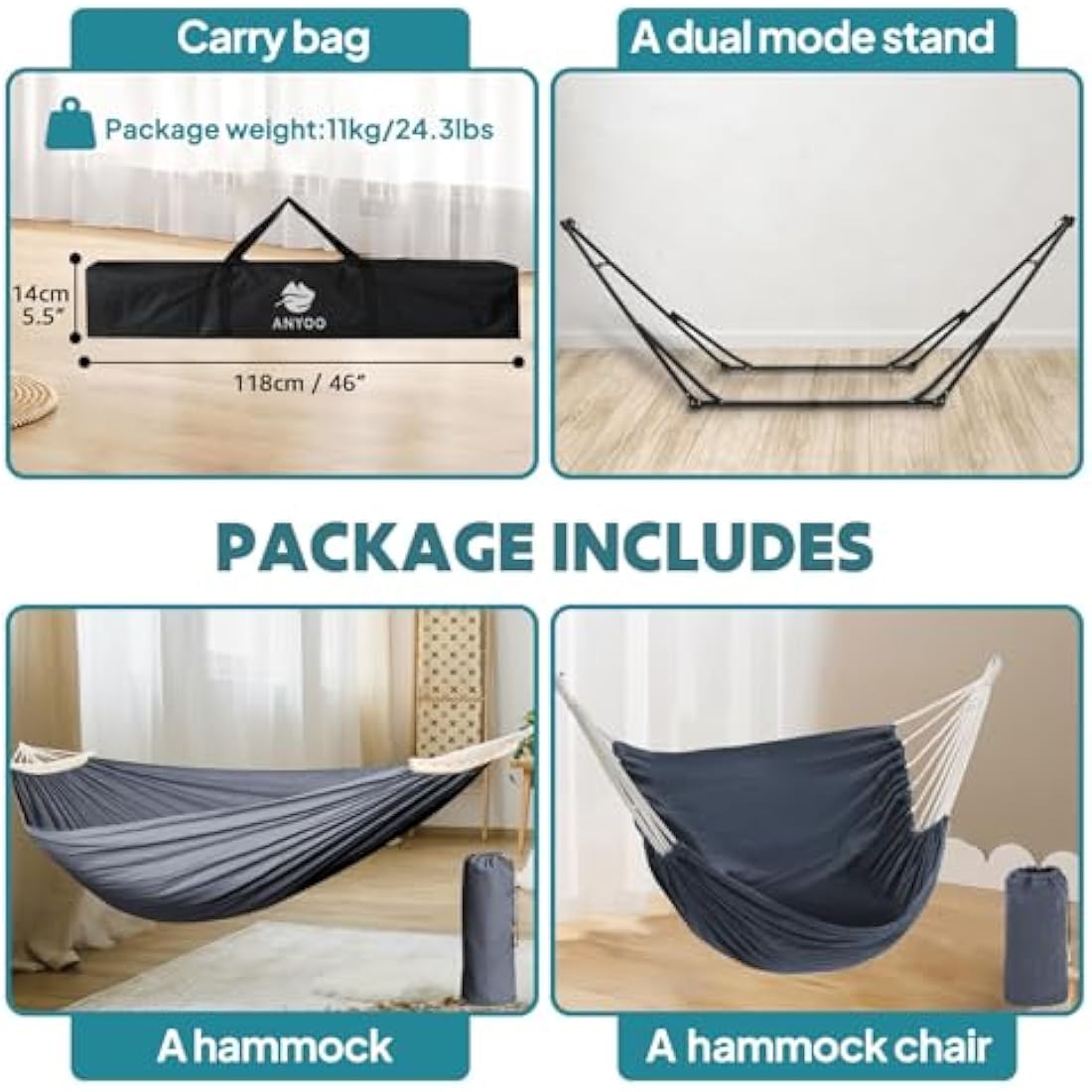 Anyoo Hammock & Hanging Chair with Foldable Stand, Dual Use Portable Hammock Stand Set for Indoor, Outdoor Hammocks