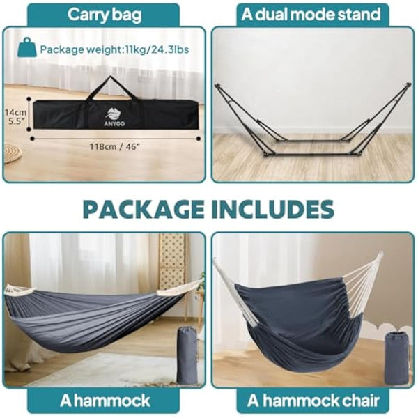 Anyoo Hammock & Hanging Chair with Foldable Stand, Dual Use Portable Hammock Stand Set for Indoor, Outdoor Hammocks