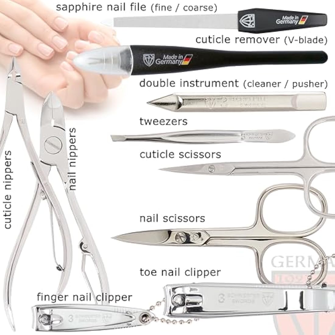 3 Swords Germany - brand quality 10 piece manicure pedicure grooming kit set for professional finger & toe nail care scissors clipper fashion leather case in gift box, Made by 3 Swords (000415)