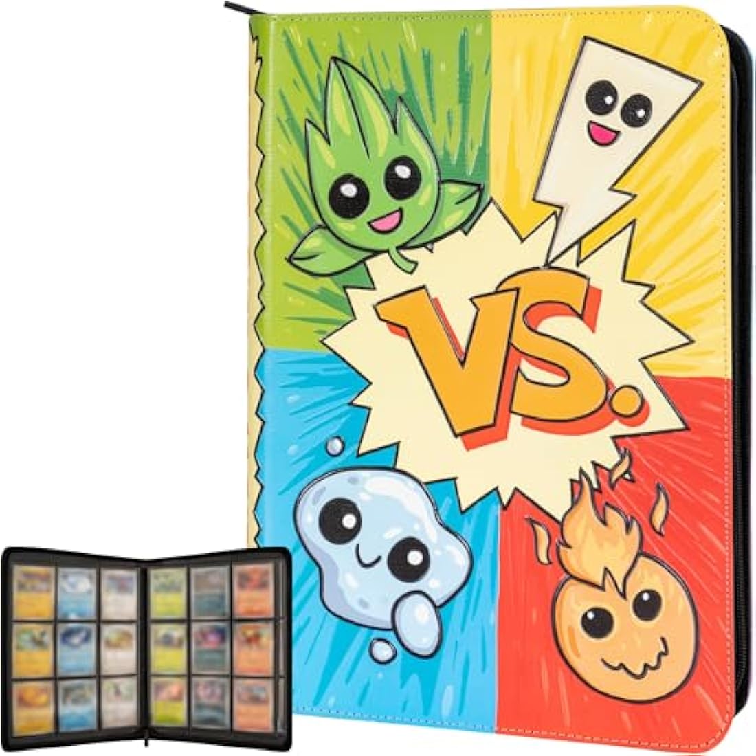 3D Card Binder for Pokemon - Stunning 3D Raised Pk Types Design in PU Leather with Zipper - Includes 9 Pocket Pages for 360 Cards. Great Sleeve Album/TCG Holder/Trading Card Collection Book Gift.