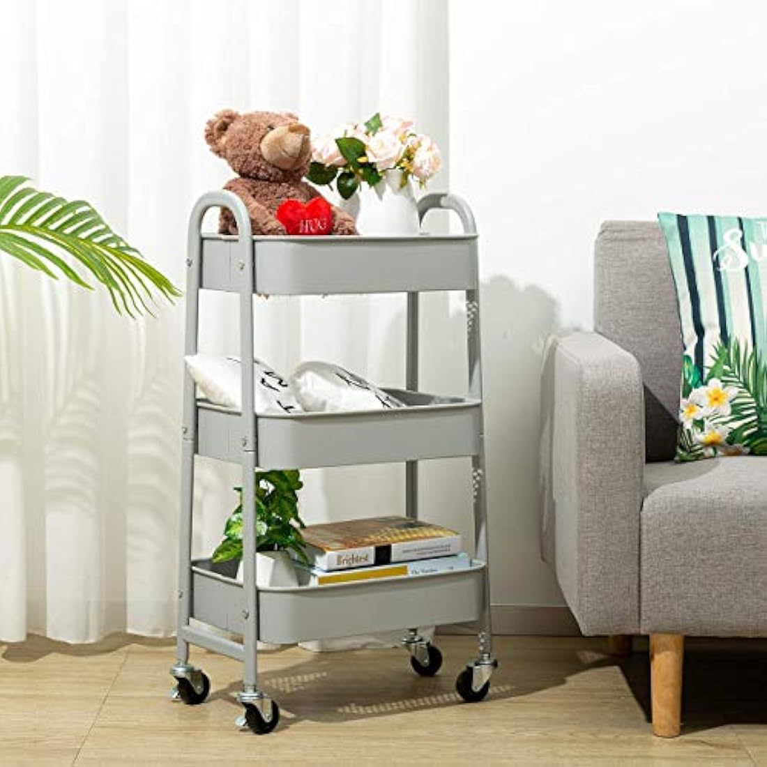DOEWORKS Storage Trolley on Wheels 3-Tier Kitchen Trolley Rolling Beauty Trolleys Craft Trolleys Metal Storage Cart for Bedroom Bathroom Office, Grey