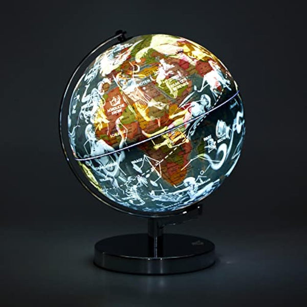 Exerz 23 cm Illuminated Globe Metal Base – German Map – Student Globe with Cable Free LED Lighting On – Political Map (Time of Day) – Constellation Stars (Night)