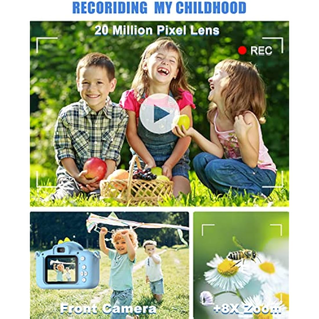 Hangrui Kids Camera, 20MP Kids Digital Dual Lens Cameras with Silicone Case 2.0 Inch IPS Screen 1080P Video Camcorder, 32GB Card,Shockproof Childrens Camera Toy for Boys & Girls Age 3-12(Blue)