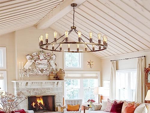 Eoodis Wagon Wheel Chandelier 20 Lights Bronze Rustic Pendant Light Large 120cm Metal Round Chandeliers Ceiling Light Fixture for Kitchen, Living Room