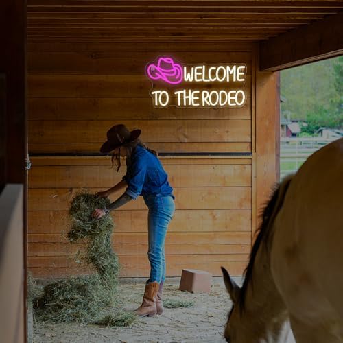 Ineonlife Welcome To The Rodeo Neon Sign, Western Cowboy Hat Neon Light for Wall Decor, Pink Warm White Neon Lights, Dimmable Led USB Light Up Signs for Living Room Man Cave Bar Recreation Room Decor