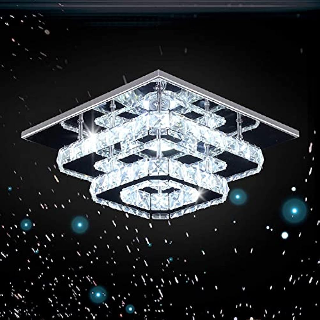 Finktonglan Crystal LED Ceiling Light, Lamp Stainless Steel K9 Modern Flush Mount Lights Fixture Square Chandelier for Dining Room Living Bedroom (Cool White)