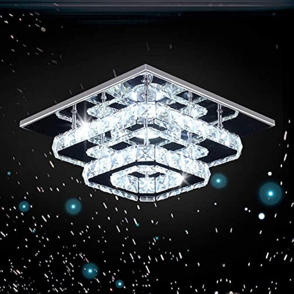 Finktonglan Crystal LED Ceiling Light, Lamp Stainless Steel K9 Modern Flush Mount Lights Fixture Square Chandelier for Dining Room Living Bedroom (Cool White)