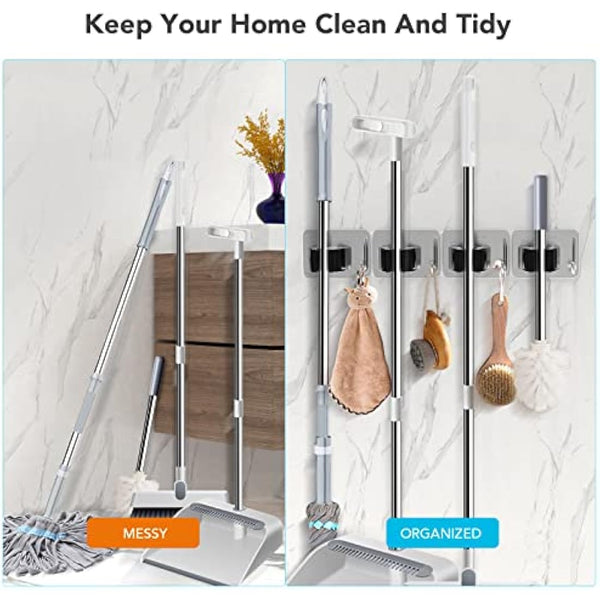 homeasy Mop Broom Holder, 4 Pcs Stainless Steel Self Adhesive Mop Holder Wall Mounted with Hooks Hanger Self-Adhesive Broom Holder (Siver Mix)